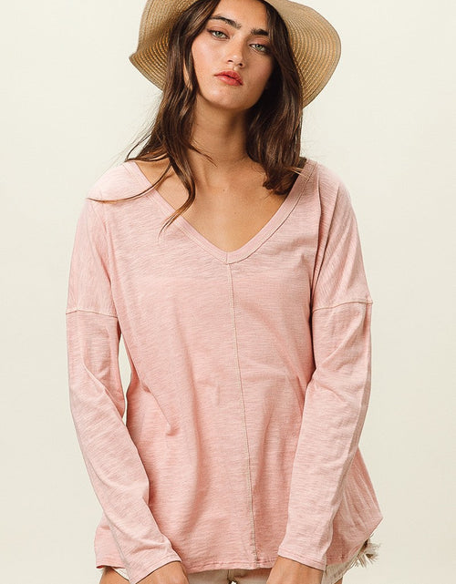 Load image into Gallery viewer, BiBi Exposed Seam V-Neck Long Sleeve T-Shirt
