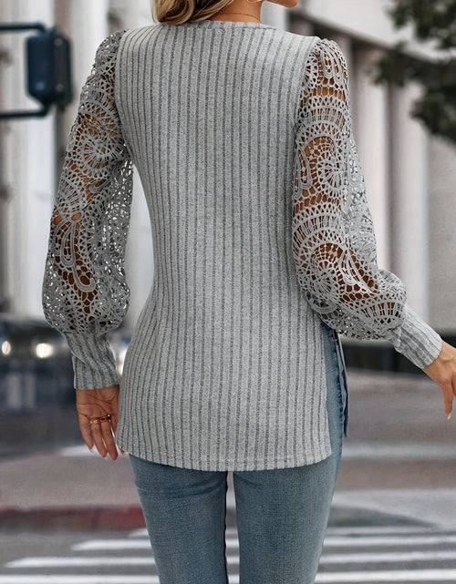 Load image into Gallery viewer, Slit Round Neck Lace Long Sleeve T-Shirt
