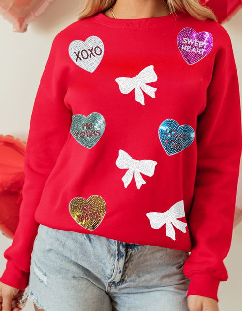 Load image into Gallery viewer, Valentine’s Day Sequin Bow Heart Round Neck Sweatshirt
