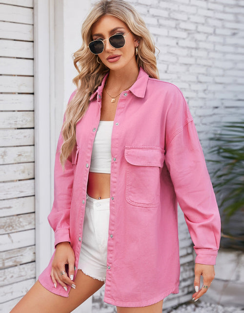 Load image into Gallery viewer, Pocketed Snap Down Dropped Shoulder Denim Shacket
