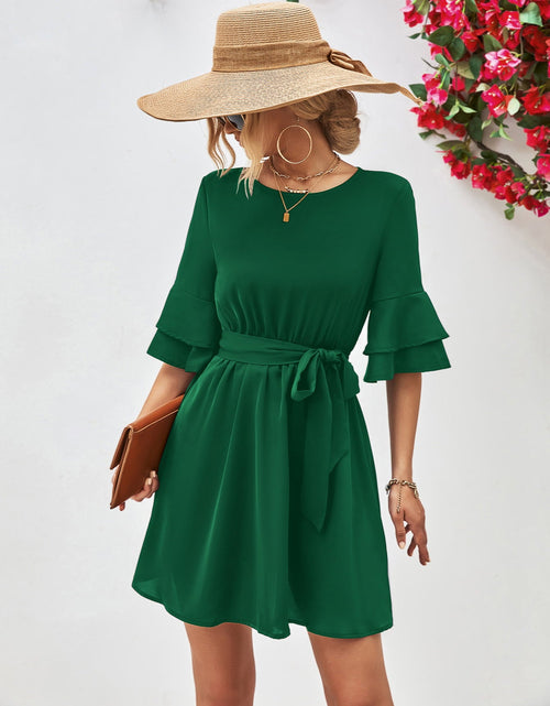 Load image into Gallery viewer, Round Neck Tie Belt Flounce Sleeve Dress
