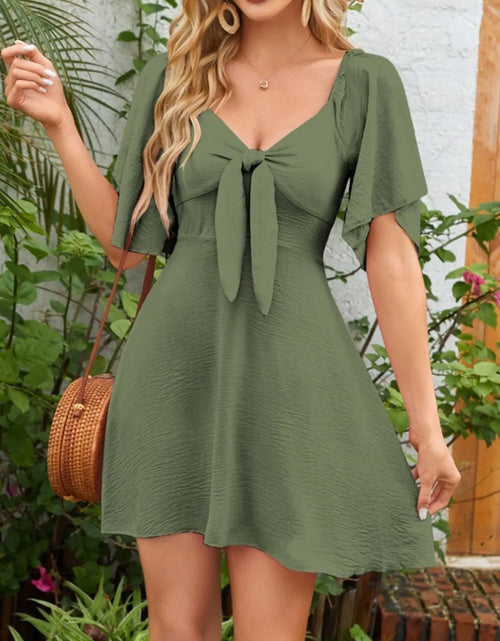 Load image into Gallery viewer, Smocked Back Knotted Flutter Sleeve Dress
