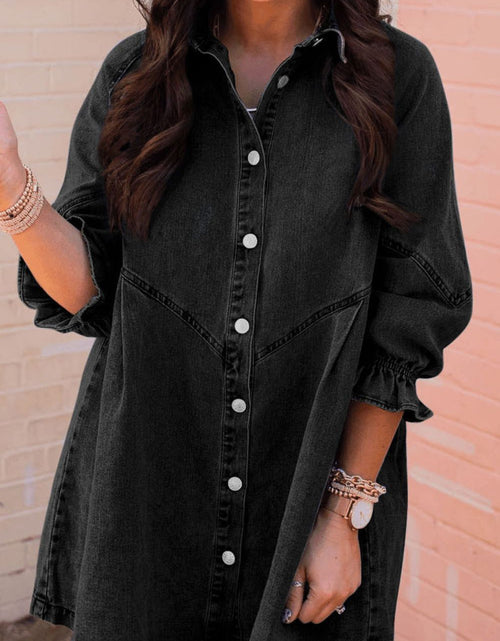 Load image into Gallery viewer, Distressed Collared Neck Flounce Sleeve Denim Dress
