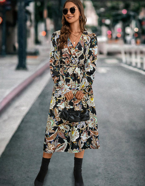 Load image into Gallery viewer, Printed Tie Front Surplice Flounce Sleeve Dress
