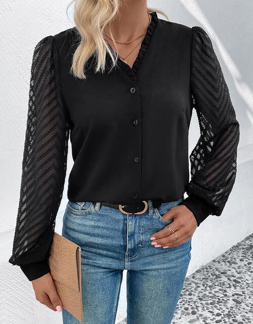 Load image into Gallery viewer, Mesh V-Neck Button Front Blouse
