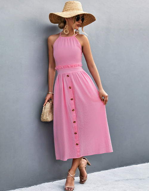 Load image into Gallery viewer, Buttoned Halter Neck Frill Trim Midi Dress
