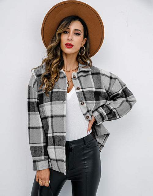 Load image into Gallery viewer, Shiny Plaid Button Up Collared Neck Jacket
