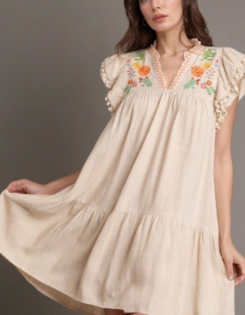 Load image into Gallery viewer, Floral Embroidery Pom Pom Ruffle Sleeves Mini Dress
