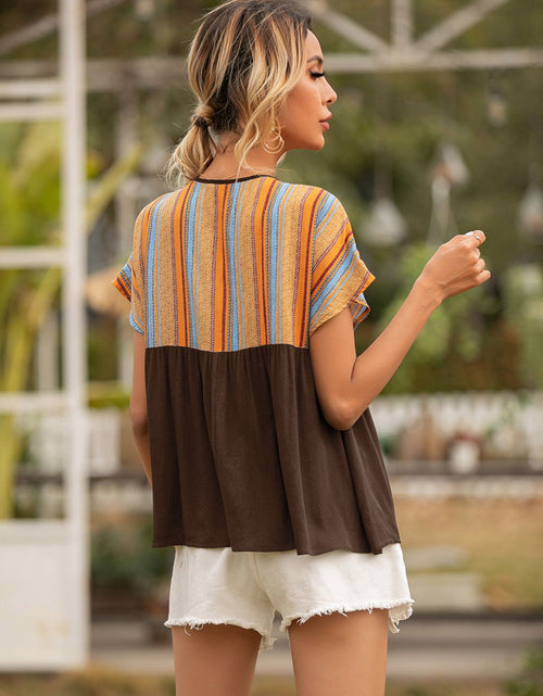 Load image into Gallery viewer, Ivy Lane Striped Tie Neck Short Sleeve Blouse

