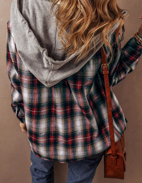 Load image into Gallery viewer, Drawstring Plaid Button Up Hooded Shacket
