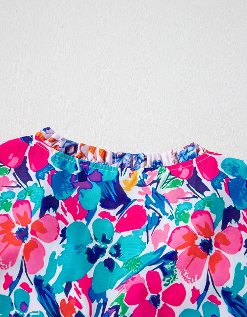 Load image into Gallery viewer, Mixed Floral Print Tie Neck Short Sleeve Dress
