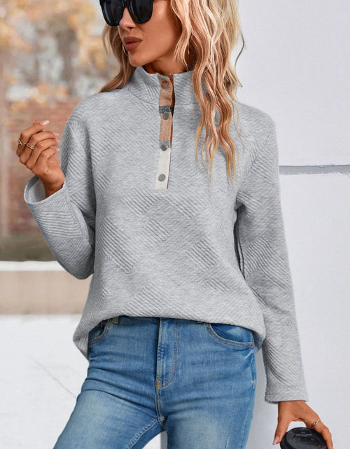 Load image into Gallery viewer, Perfee Spliced Plaid Quarter-Snap Mock Neck Top
