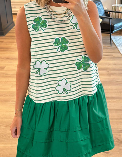 Load image into Gallery viewer, Stripe Sequin Clover Patched Contrast Mini Dress with Pockets
