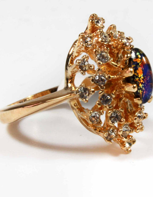 Load image into Gallery viewer, Vintage Ring Genuine Opal with Clear and Ruby Austrian Crystals 18kt Yellow Gold Electroplated by PVD Vintage Jewelry
