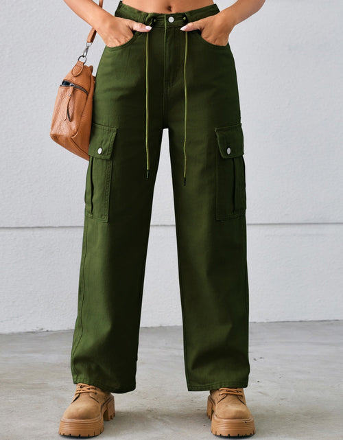 Load image into Gallery viewer, Drawstring Mid-Rise Waist Straight Cargo Jeans
