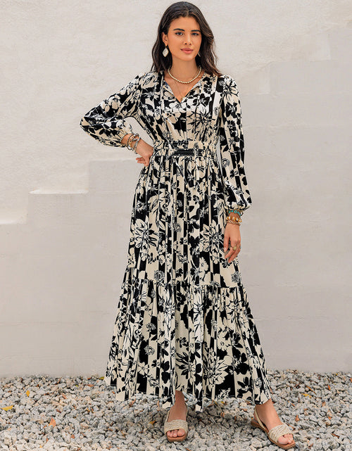Load image into Gallery viewer, Smocked Printed Tie Neck Long Sleeve Dress
