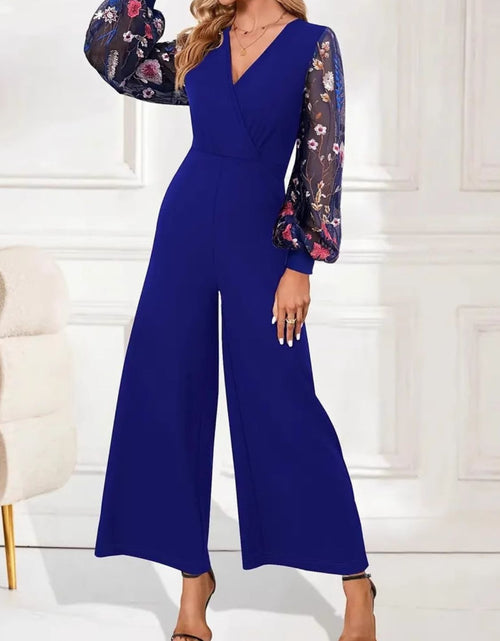 Load image into Gallery viewer, Surplice Embroidered Long Sleeve Wide Leg Jumpsuit
