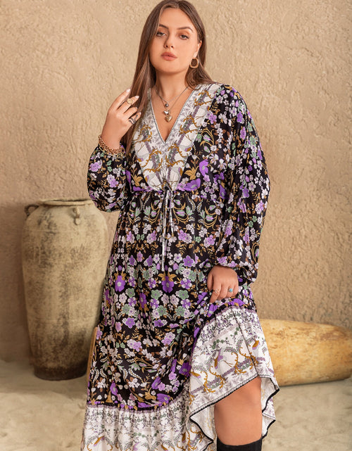 Load image into Gallery viewer, Plus Size V-Neck Balloon Sleeve Printed Midi Dress

