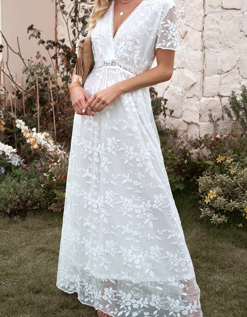 Load image into Gallery viewer, Embroidered Short Sleeve Surplice Neck Maxi Dress
