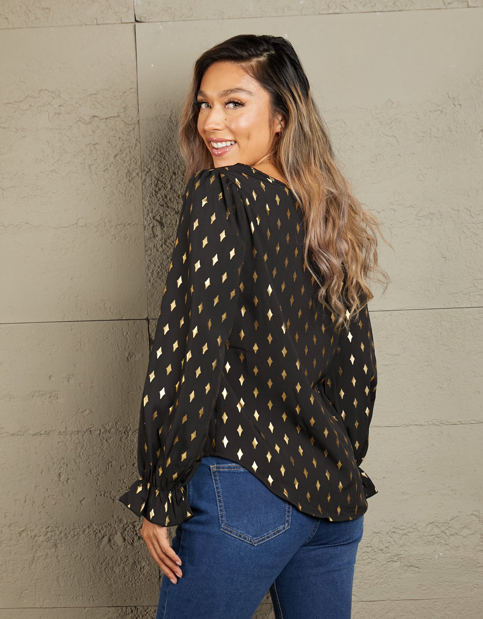 Perfee Printed Round Neck Flounce Sleeve Blouse