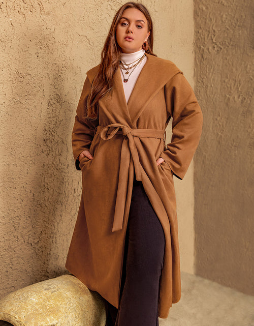 Load image into Gallery viewer, Plus Size Tied Long Sleeve Hooded Coat with Pockets
