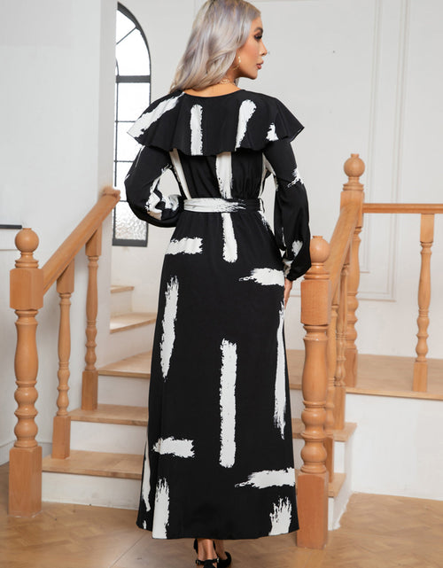 Load image into Gallery viewer, Printed Tie Front Ruffle Trim Long Sleeve Dress
