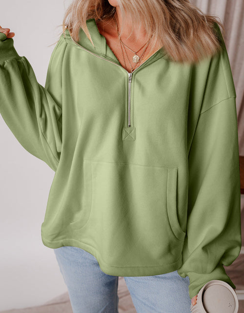 Load image into Gallery viewer, Pocketed Half Zip Dropped Shoulder Hoodie
