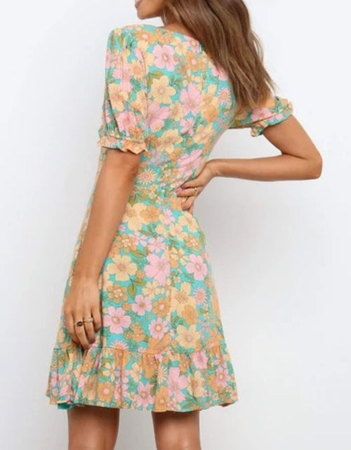 Load image into Gallery viewer, Ruffled Hem Printed Short Sleeve Mini Dress
