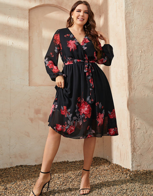 Load image into Gallery viewer, Honey Plus Size Floral Surplice Neck Tie Waist Dress
