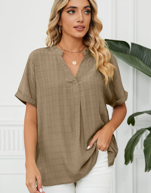 Load image into Gallery viewer, Side Slit Notched Neck Cuffed Short Sleeve Blouse
