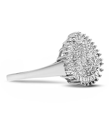 10K White Gold 1/2 Cttw Round & Baguette Cut Diamond Pear Shaped Domed Pavé Cluster with Halo Cocktail Ring (H-I Color, SI1-SI2 Clarity) by Infinite Jewels