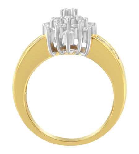 10K Yellow Gold 1.0 Cttw Round & Baguette Cut Diamond Floral Cluster Double-Channel Flared Band Statement Ring (H-I Color, SI2-I1 Clarity) by Haus of Brilliance