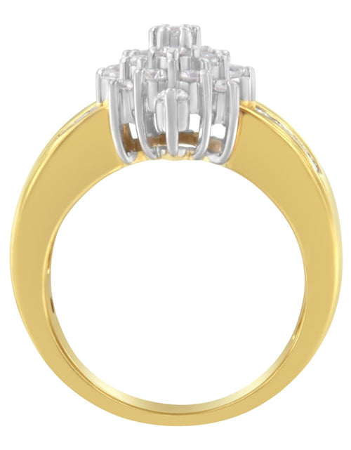 Load image into Gallery viewer, 10K Yellow Gold 1.0 Cttw Round &amp; Baguette Cut Diamond Floral Cluster Double-Channel Flared Band Statement Ring (H-I Color, SI2-I1 Clarity) by Haus of Brilliance
