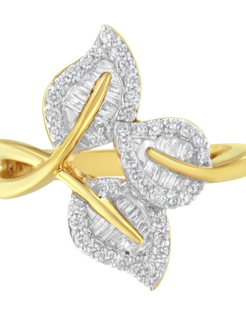 Load image into Gallery viewer, 18K Yellow and White Gold Plated .925 Sterling Silver 3/8 Cttw Baguette and Round Diamond Bypass Triple Leaf Ring (I-J Color, I1-I2 Clarity) by Haus of Brilliance
