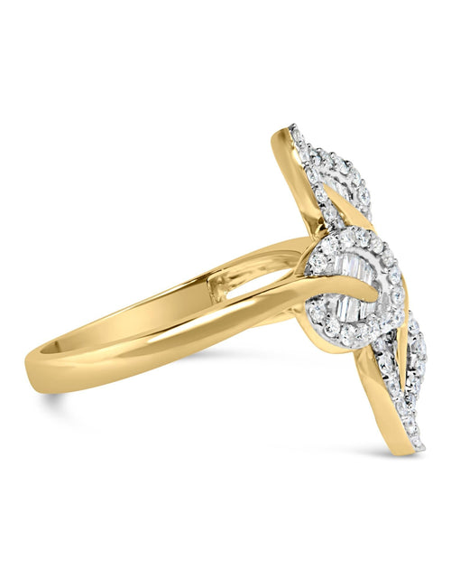 Load image into Gallery viewer, 18K Yellow Gold Plated .925 Sterling Silver 1/2 Cttw Baguette and Round Diamond Bypass Triple Leaf Ring (I-J Color, I1-I2 Clarity) by Haus of Brilliance
