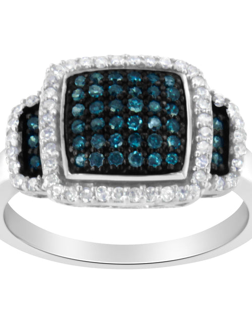 Load image into Gallery viewer, Black Rhodium Plated .925 Sterling Silver 1/2 Cttw White &amp; Blue Diamond Square Halo Cocktail Ring (Fancy Blue &amp; H-I Color, I2-I3 Clarity) by Infinite Jewels
