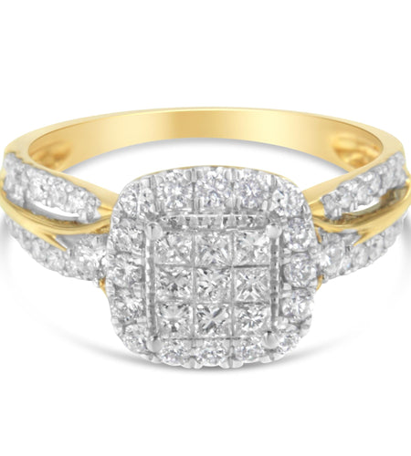 10K Yellow Gold 1.0 Cttw Diamond Composite Cushion-Shape Halo 3-Band-Look Engagement Ring (H-I Color, SI1-SI2 Clarity) by Haus of Brilliance
