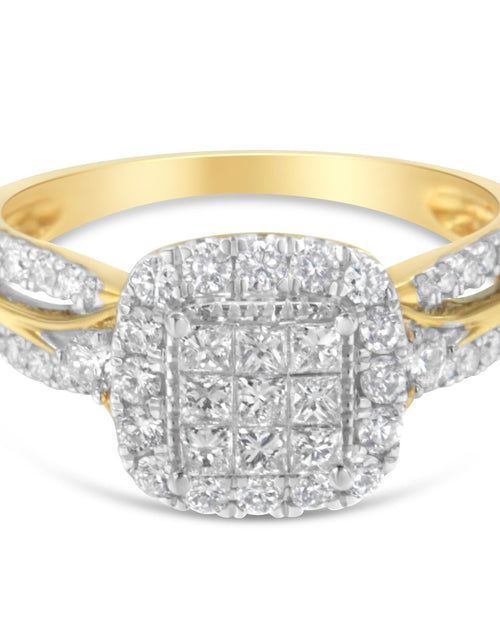 Load image into Gallery viewer, 10K Yellow Gold 1.0 Cttw Diamond Composite Cushion-Shape Halo 3-Band-Look Engagement Ring (H-I Color, SI1-SI2 Clarity) by Infinite Jewels
