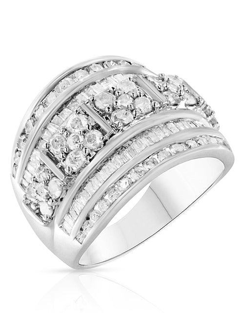 Load image into Gallery viewer, .925 Sterling Silver 2.0 Cttw Round &amp; Baguette Cut Diamond Multi-Row Channel Set Tapered Cocktail Fashion Ring (I-J Color, I3 Clarity) by Haus of Brilliance
