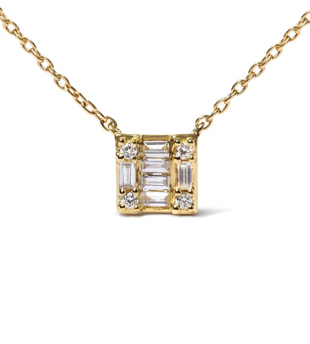 10K Yellow Gold 1/10 Cttw Round and Baguette Diamond Mosaic Composite Square 18" Inch Pendant Necklace (H-I Color, I1-I2 Clarity) by Infinite Jewels