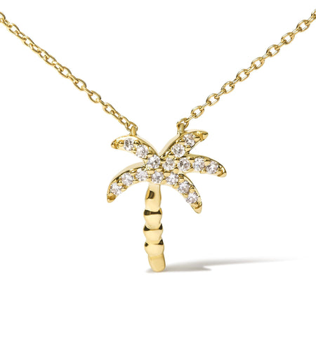 10K Yellow Gold 1/10 Cttw Round Diamond Palm Tree 18" Inch Pendant Necklace (H-I Color, I1-I2 Clarity) by Haus of Brilliance