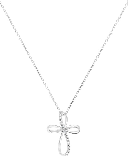 Load image into Gallery viewer, .925 Sterling Silver Diamond Accent Cross Ribbon 18" Pendant Necklace (I-J Color, I2-I3 Clarity) by Infinite Jewels
