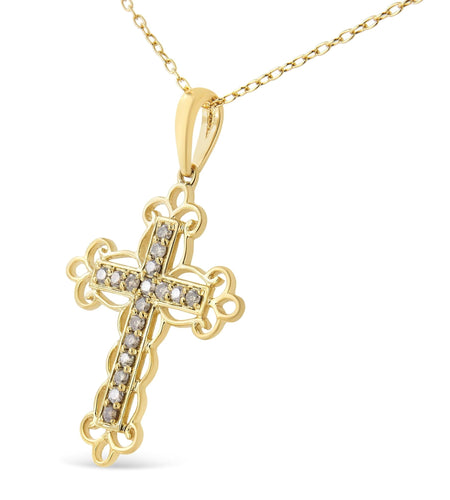 10K Yellow Flashed .925 Sterling Silver 1/4 Cttw Champagne Diamond Filigree Cross Pendant Necklace (K-L Color, I1-I2 Clarity) - 18" by Infinite Jewels