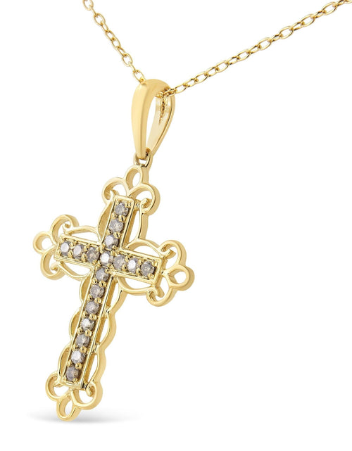 Load image into Gallery viewer, 10K Yellow Flashed .925 Sterling Silver 1/4 Cttw Champagne Diamond Filigree Cross Pendant Necklace (K-L Color, I1-I2 Clarity) - 18" by Haus of Brilliance
