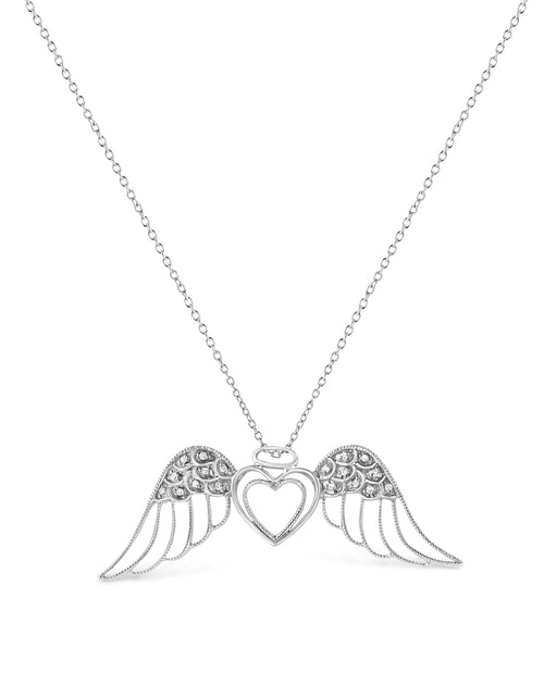 Load image into Gallery viewer, .925 Sterling Silver Pave-Set Diamond Accent Angel Wing 18" Double Heart Pendant Necklace (I-J Color, I1-I2 Clarity) by Infinite Jewels
