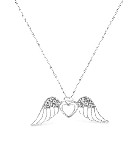 .925 Sterling Silver Pave-Set Diamond Accent Angel Wing 18" Double Heart Pendant Necklace (I-J Color, I1-I2 Clarity) by Haus of Brilliance