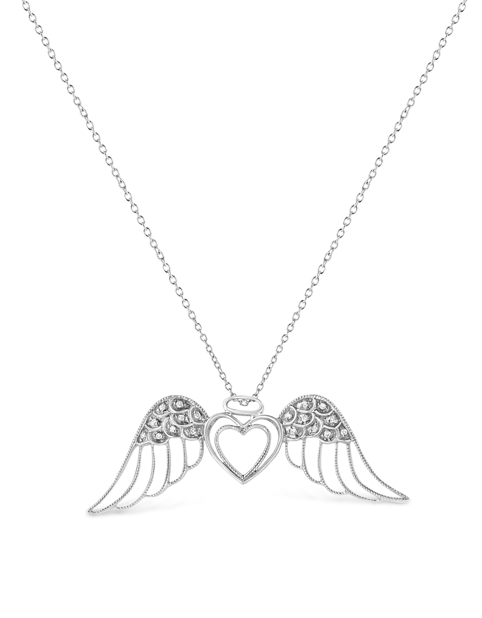 .925 Sterling Silver Pave-Set Diamond Accent Angel Wing 18" Double Heart Pendant Necklace (I-J Color, I1-I2 Clarity) by Haus of Brilliance