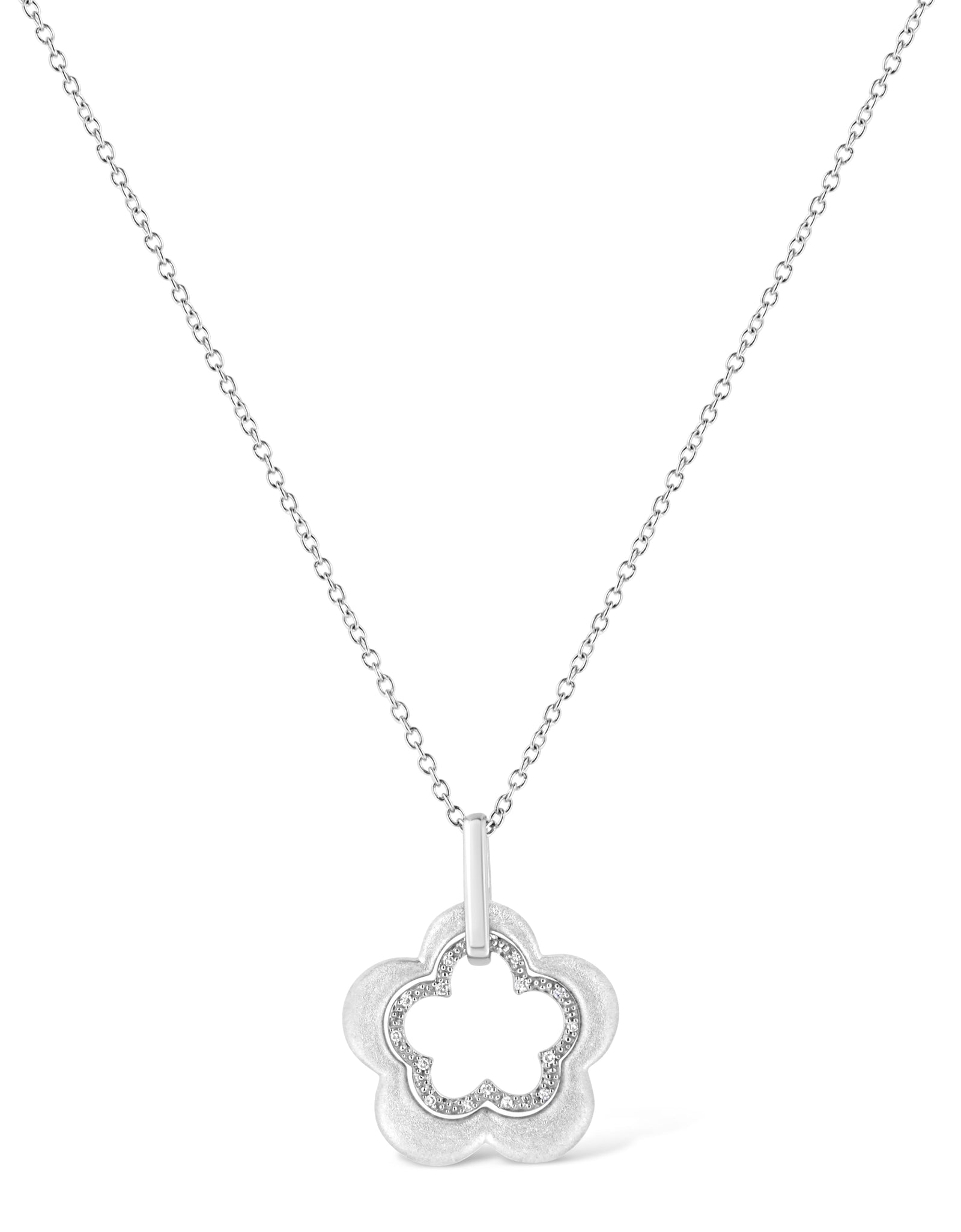 Matte Finished .925 Sterling Silver Diamond Accent Double Flower Shape 18" Satin Finished Pendant Necklace (I-J Color, I1-I2 Clarity) by Haus of Brilliance