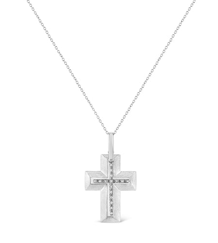 .925 Sterling Silver Prong-Set Diamond Accent Bold Cross 18" Pendant Necklace (I-J Color, I1-I2 Clarity) by Haus of Brilliance
