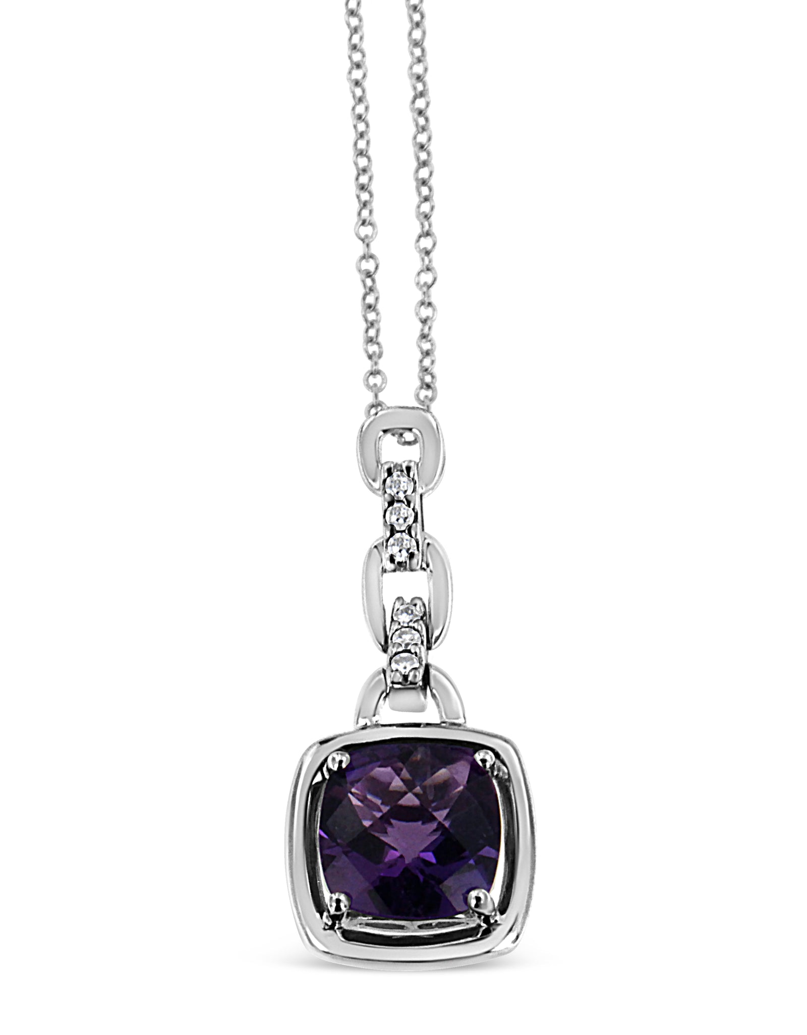.925 Sterling Silver 6x6MM Cushion Shaped Natural Purple Amethyst and Diamond Accented Bale 18" Inch Pendant Necklace (I-J Color, I1-I2 Clarity) by Haus of Brilliance